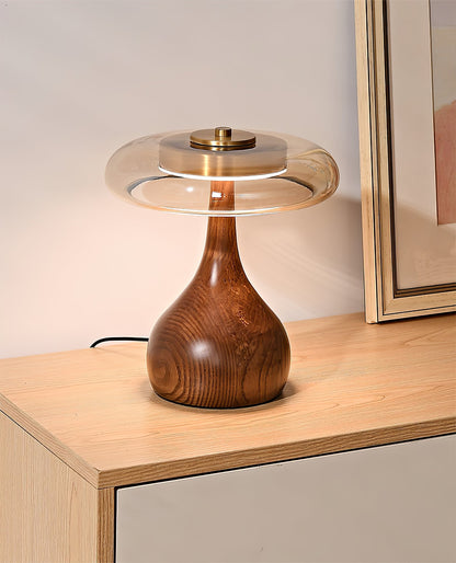 Walnut Wood And Amber Glass Table Lamp