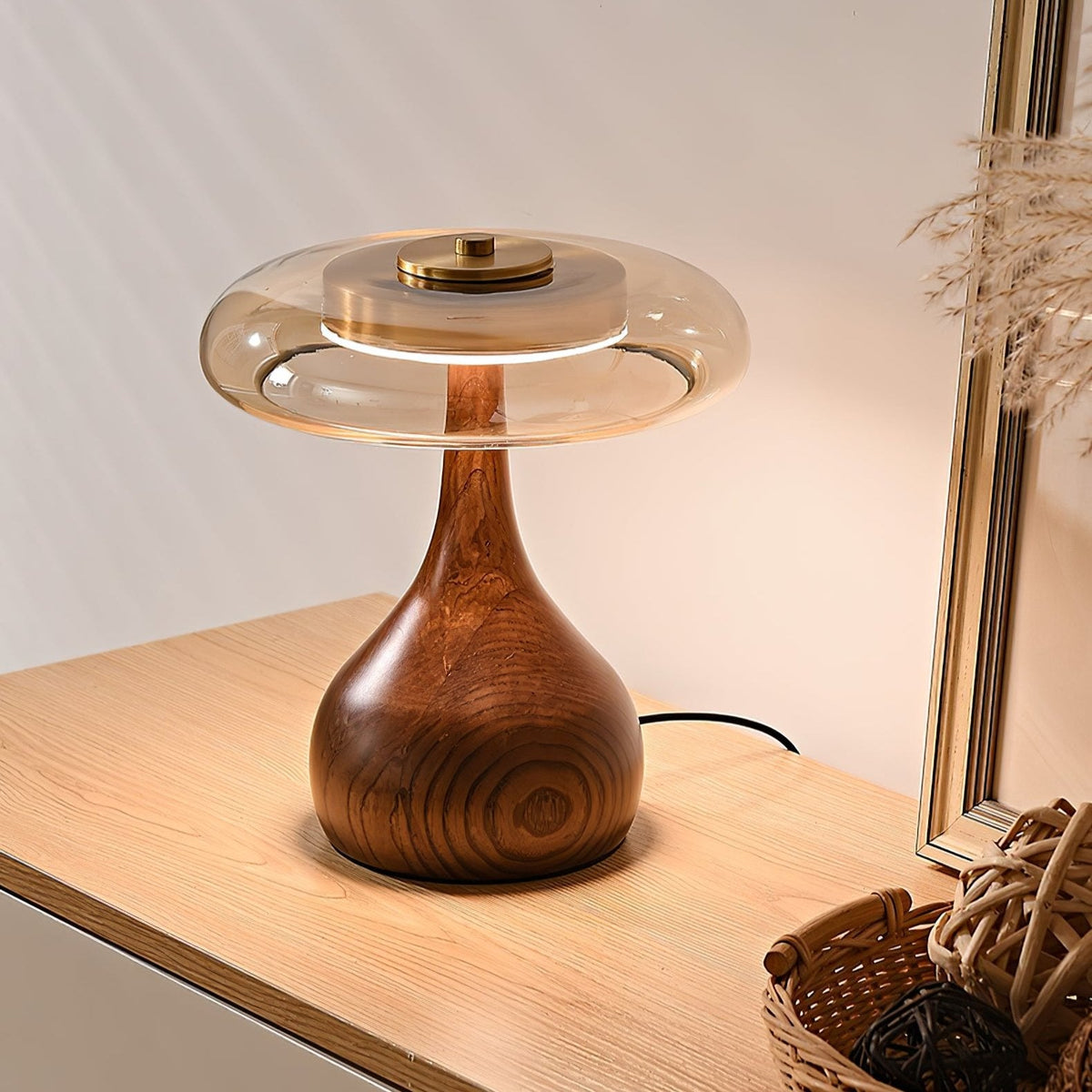Walnut Wood And Amber Glass Table Lamp