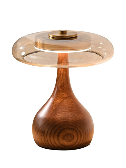 Walnut Wood And Amber Glass Table Lamp