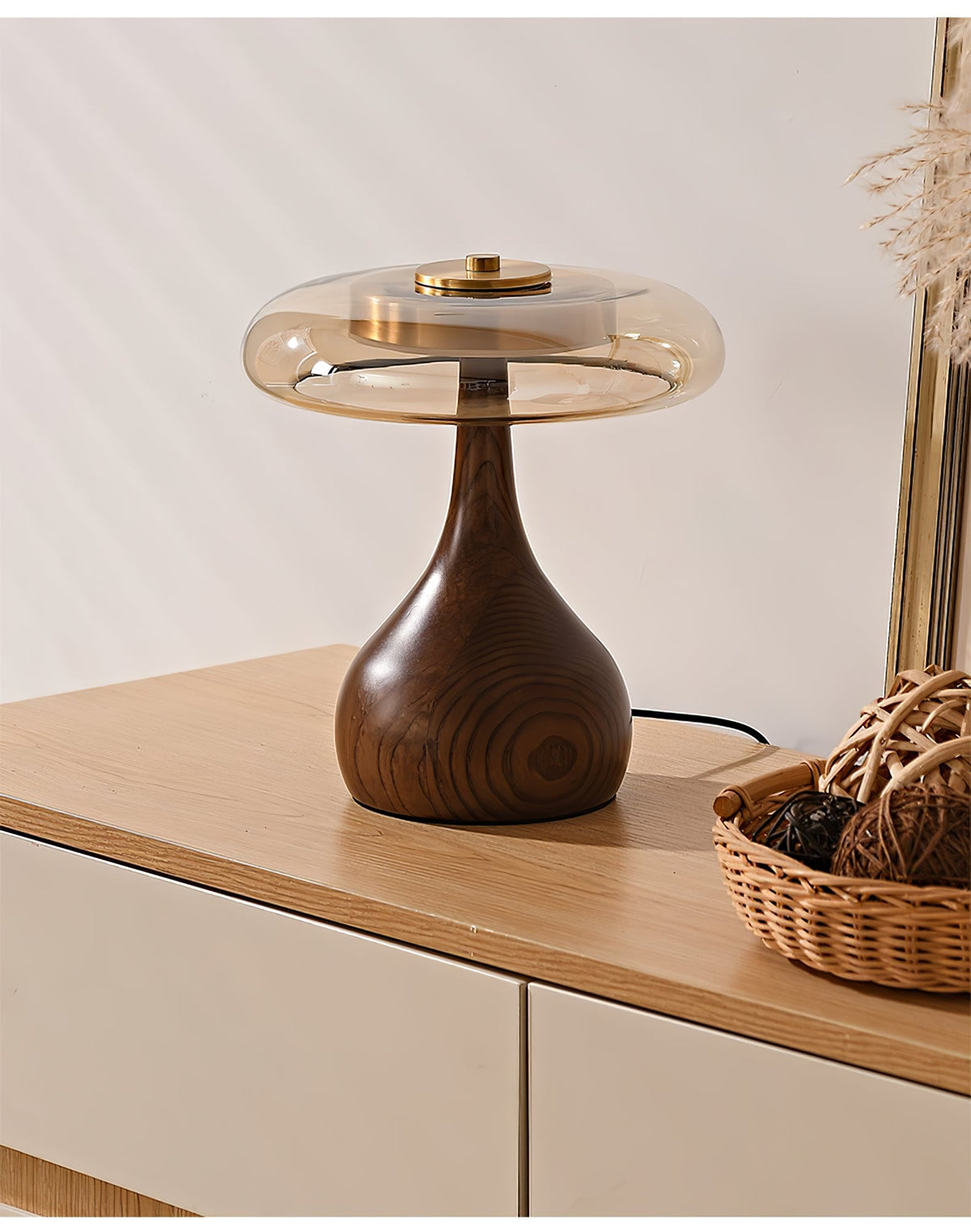 Walnut Wood And Amber Glass Table Lamp