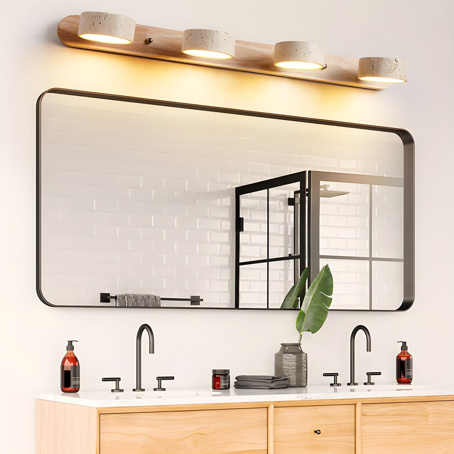 Wood and travertine wall light