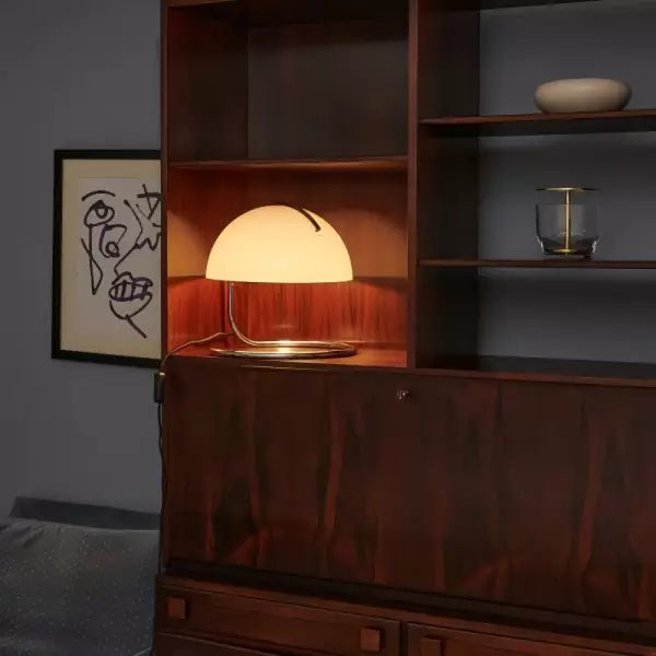 Postmodern table lamp of metal and glass