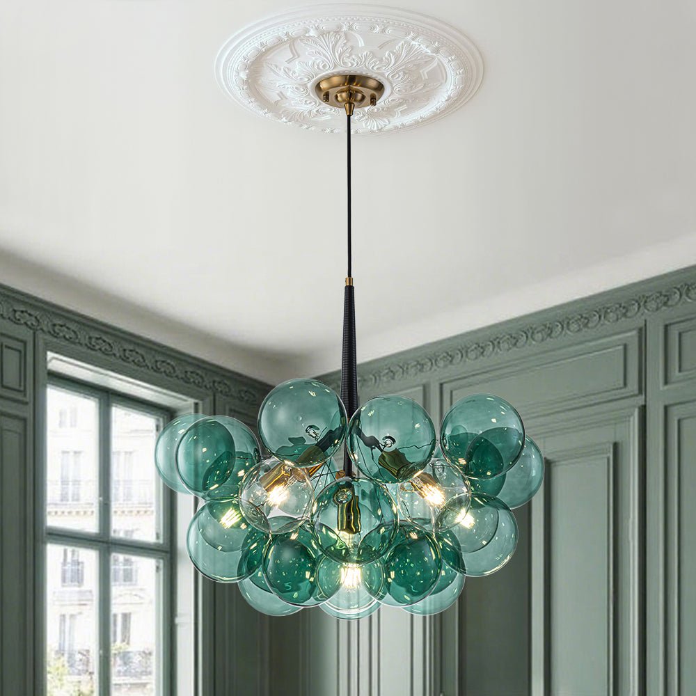 Teal Bubble Glass Brass Chandelier
