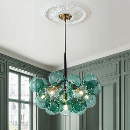 Teal Bubble Glass Brass Chandelier