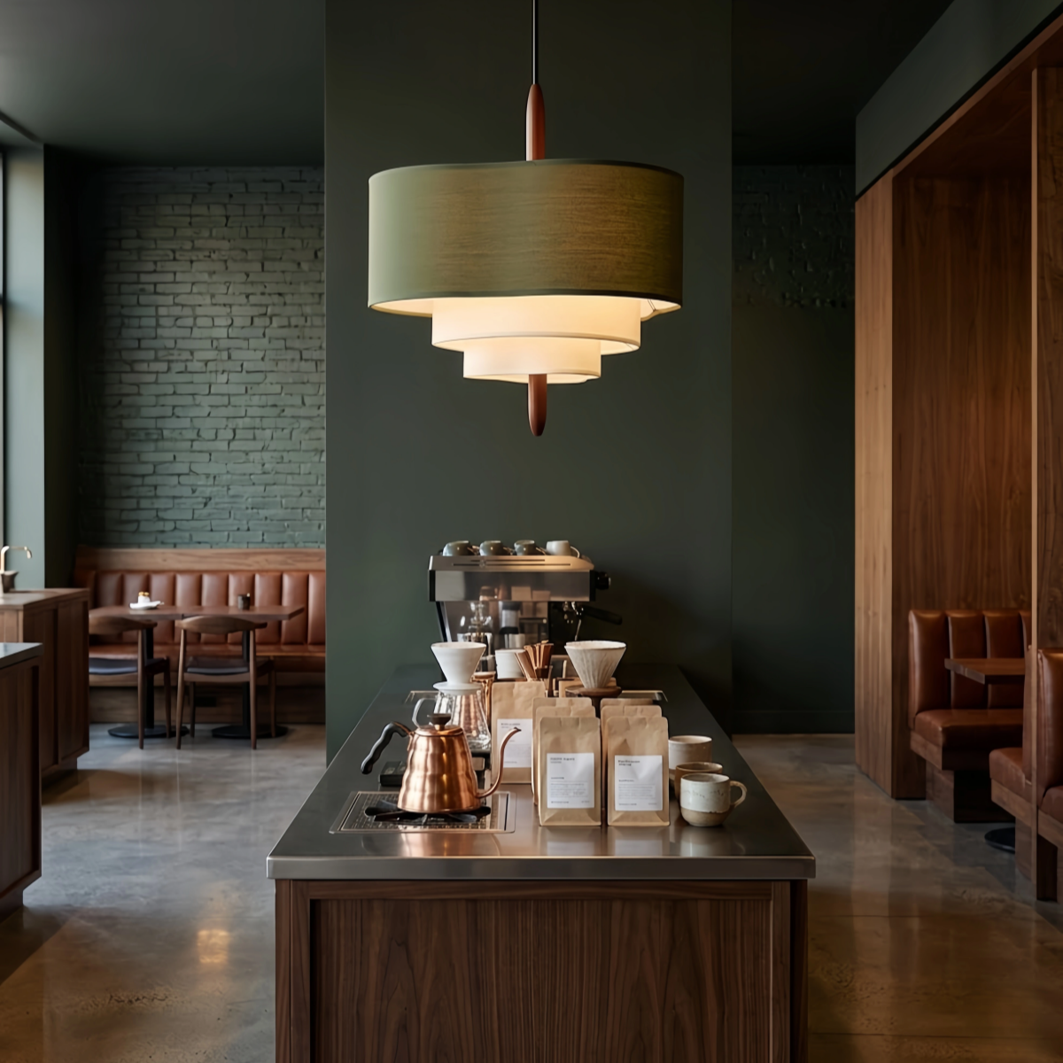 Tiered Fabric Walnut Pendant Light
