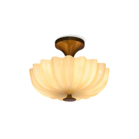 Scalloped Glass Wood Semi-Flush Light