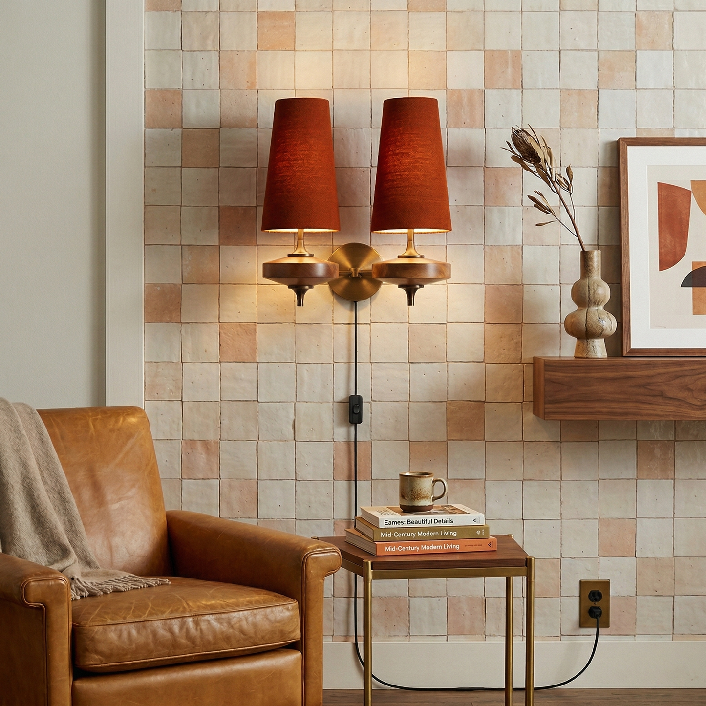Walnut Brass Plug-In Wall Light