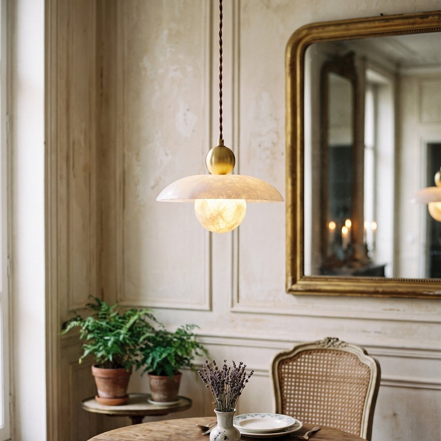 Alabaster Sphere Brass Pendant Light