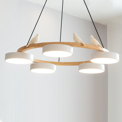 Round Wooden Bird Chandelier