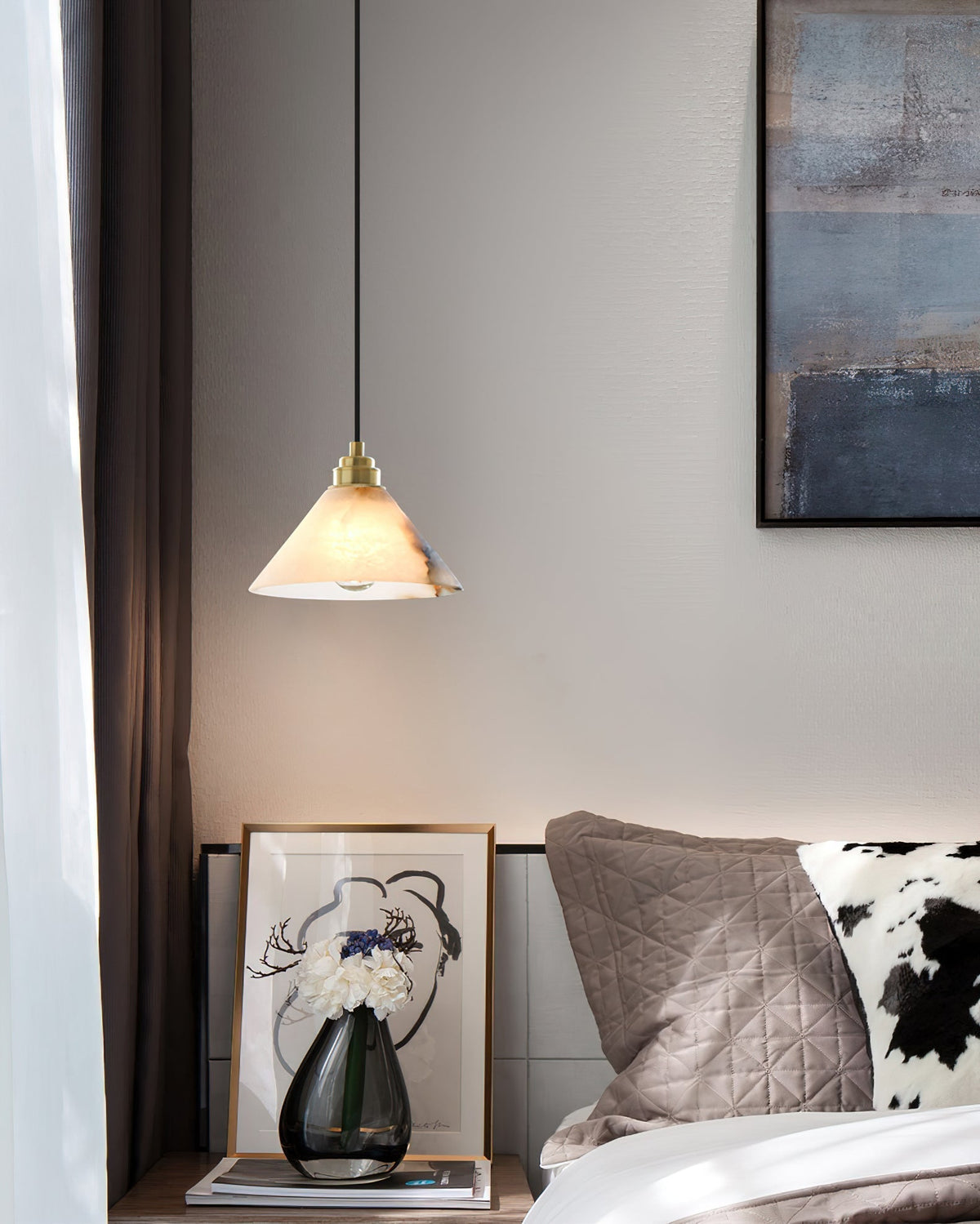 Alabaster Cone Brass Pendant Light