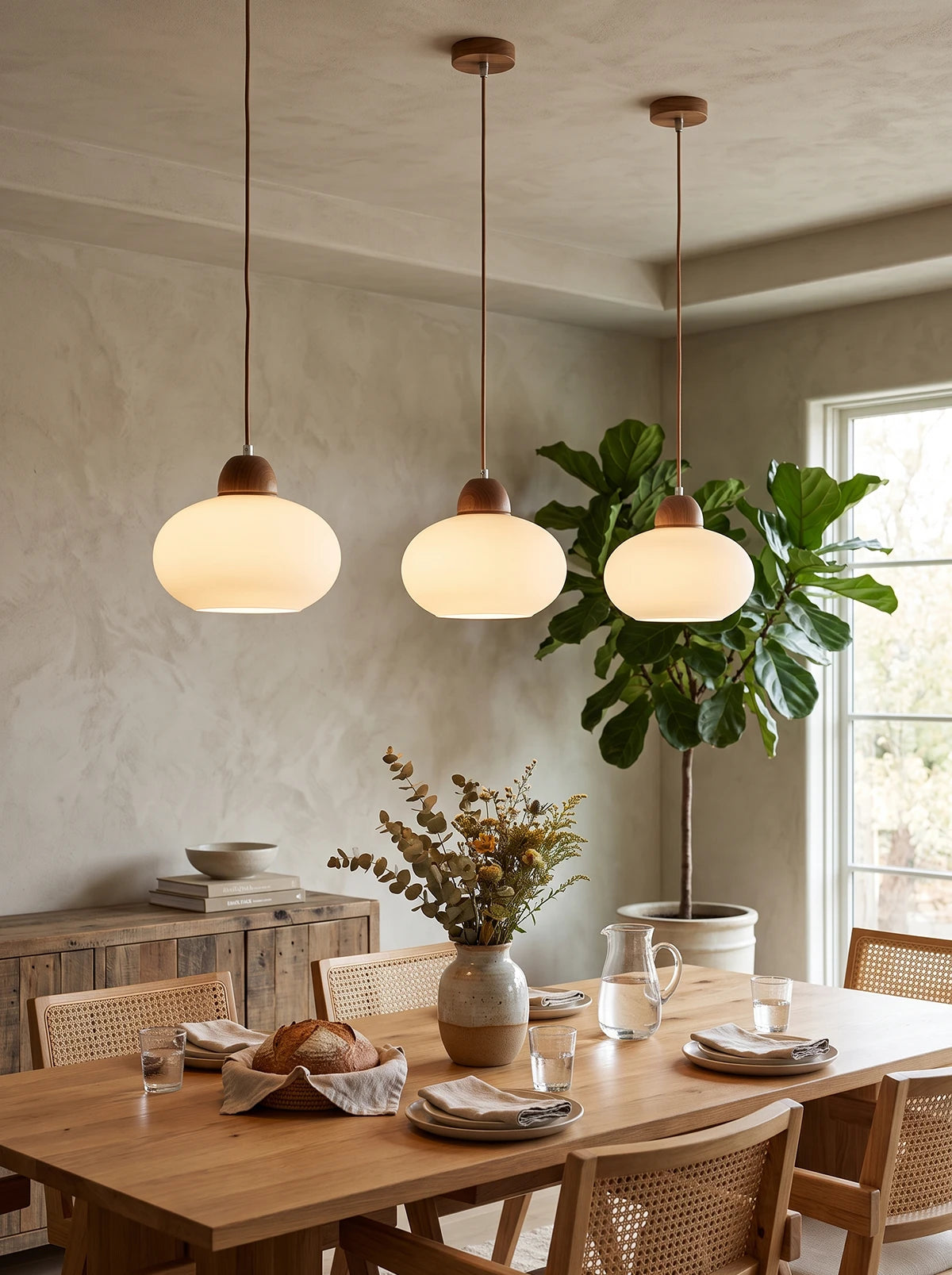 Milk Glass Wood Pendant Light