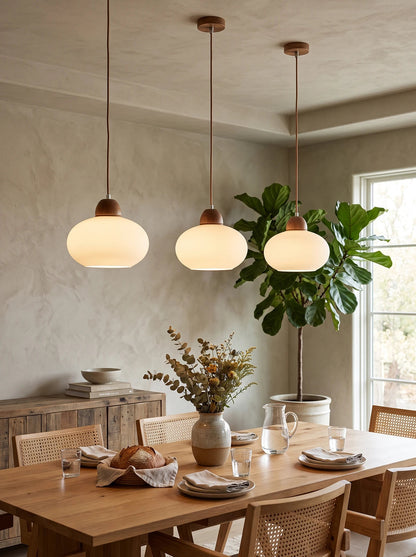 Milk Glass Wood Pendant Light