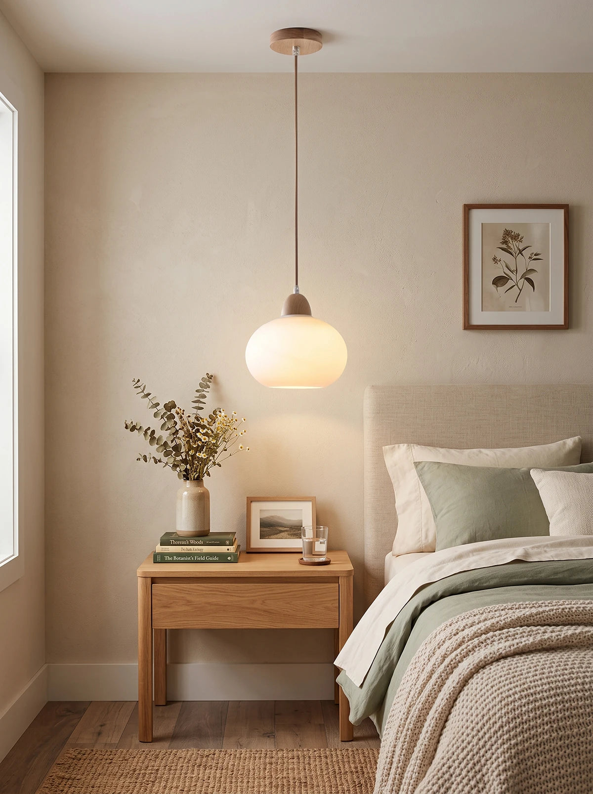 Milk Glass Wood Pendant Light