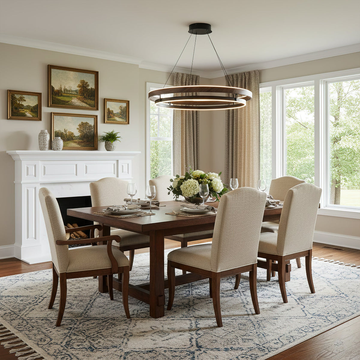 Double Ring Walnut LED Chandelier