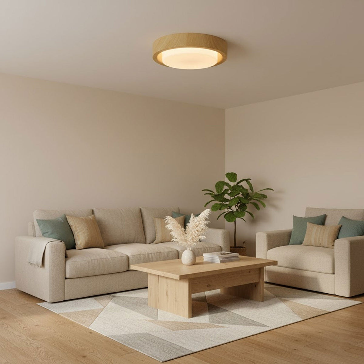 Round Wood Glass Ceiling Light