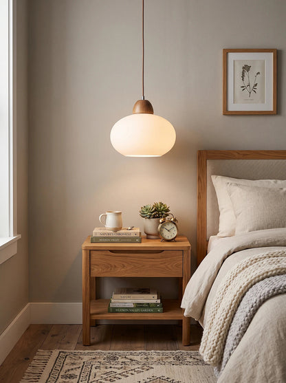 Milk Glass Wood Pendant Light