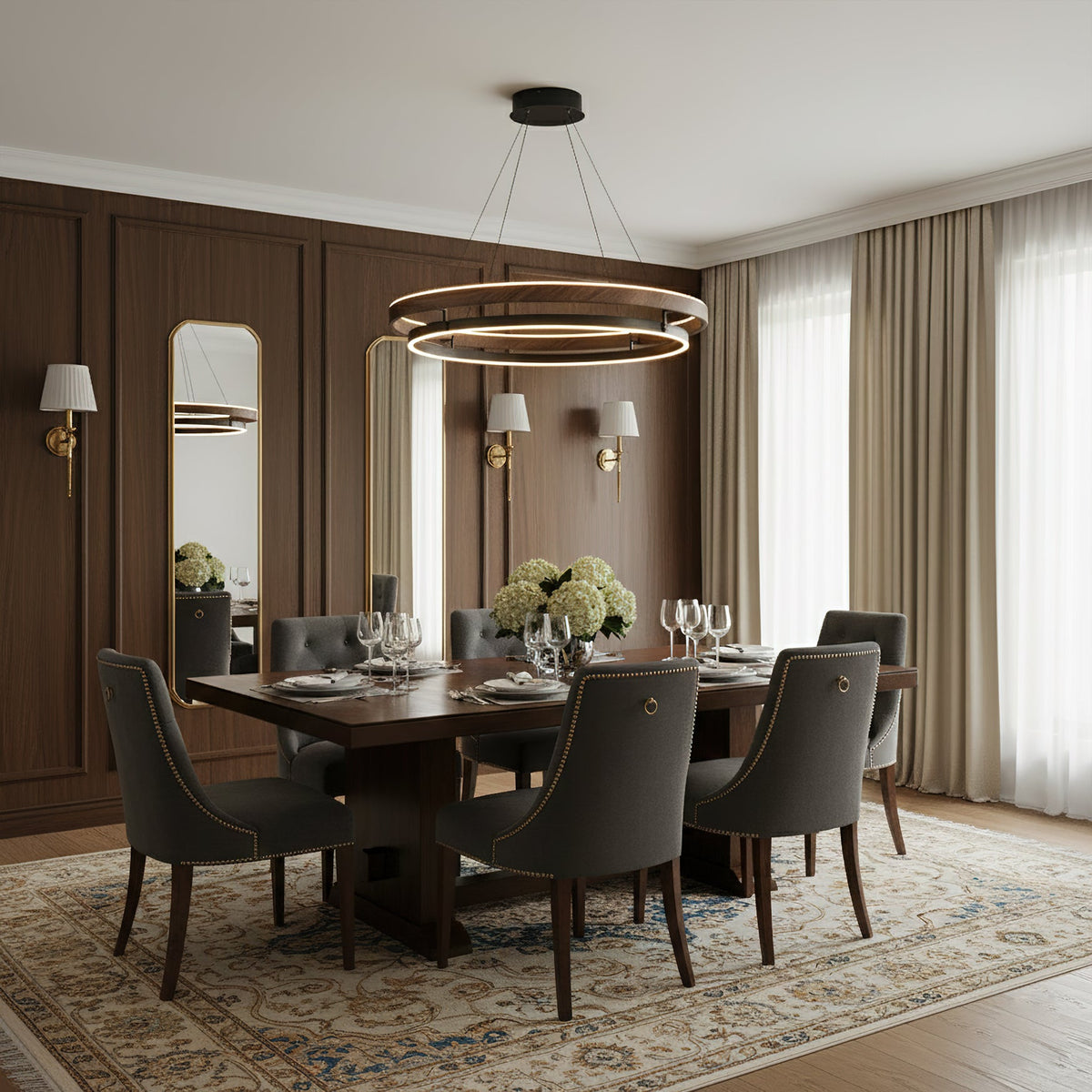 Double Ring Walnut LED Chandelier