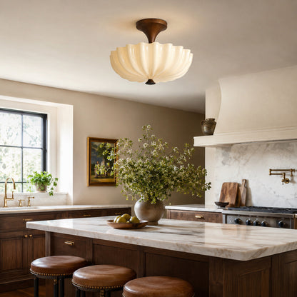 Scalloped Glass Wood Semi-Flush Light
