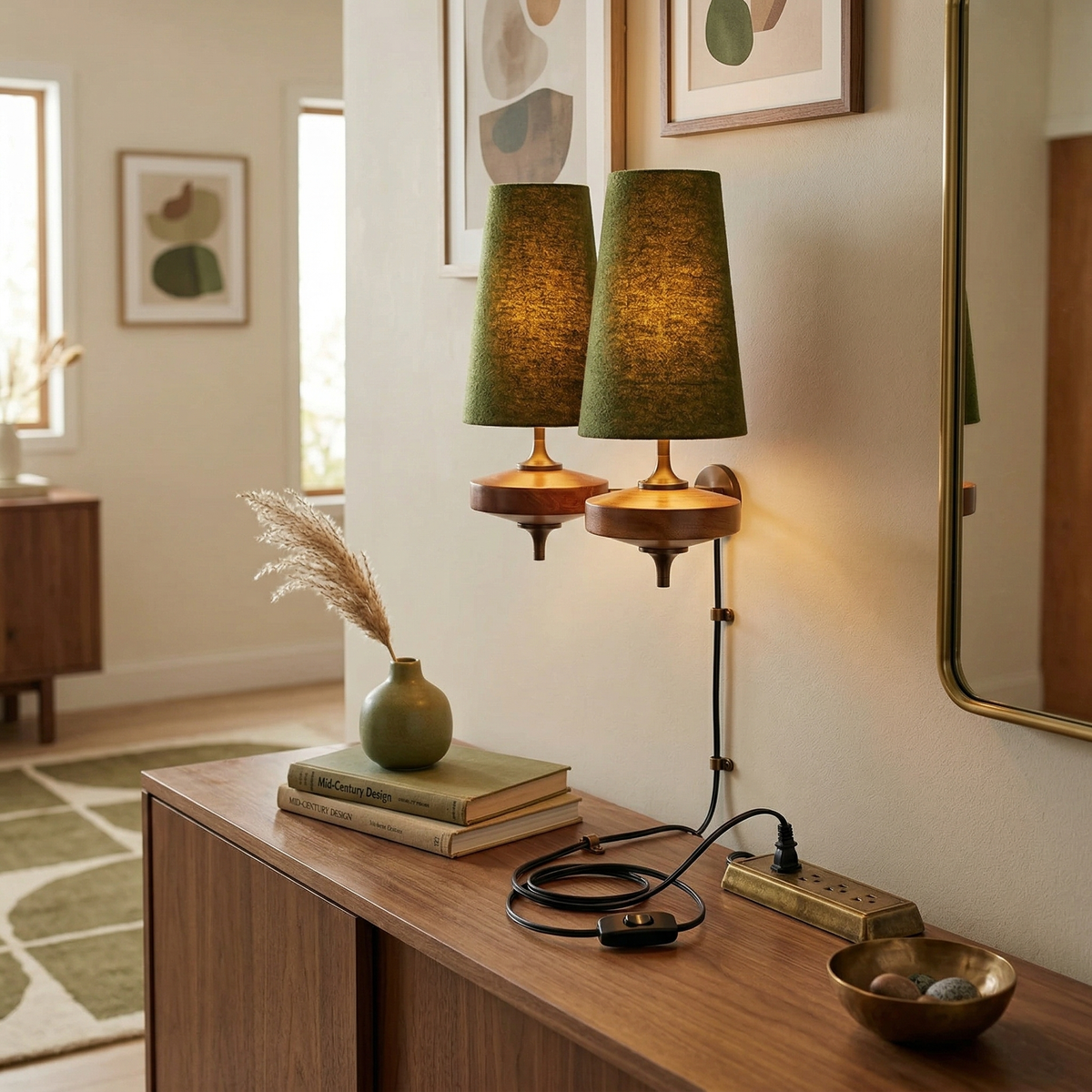 Walnut Brass Plug-In Wall Light
