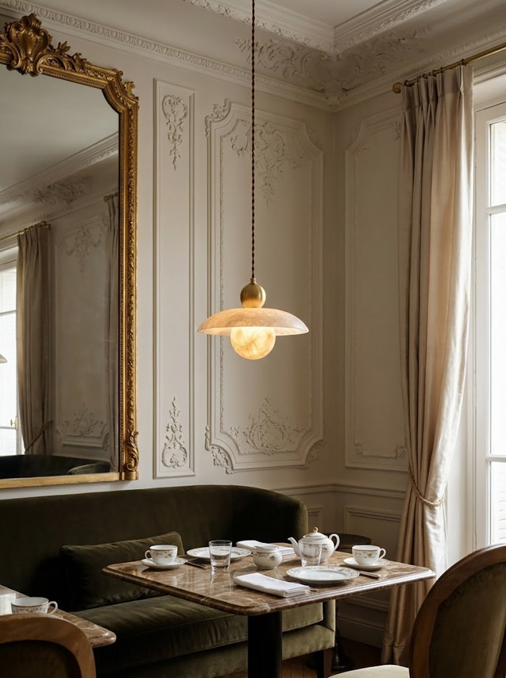 Alabaster Sphere Brass Pendant Light