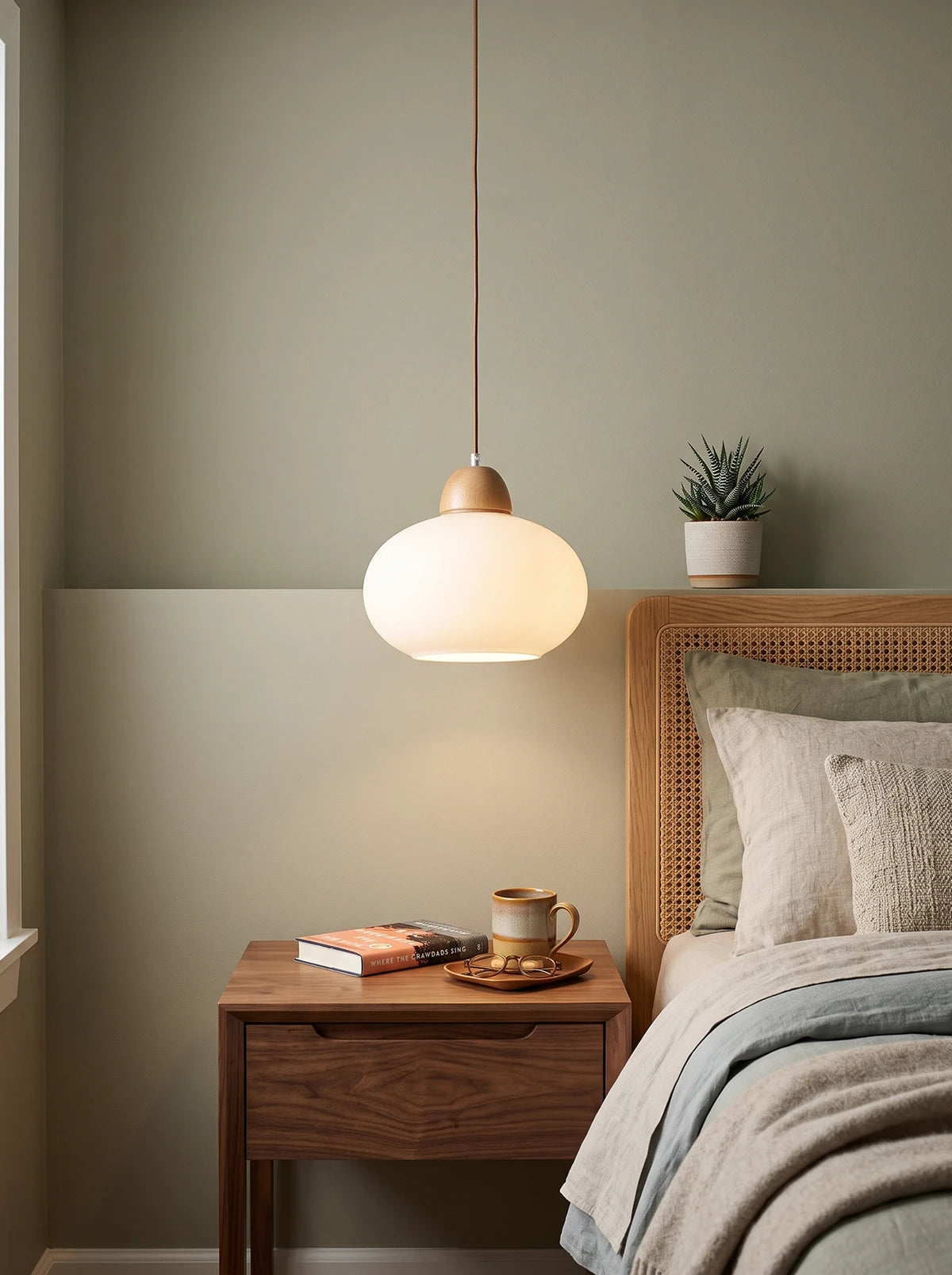 Milk Glass Wood Pendant Light