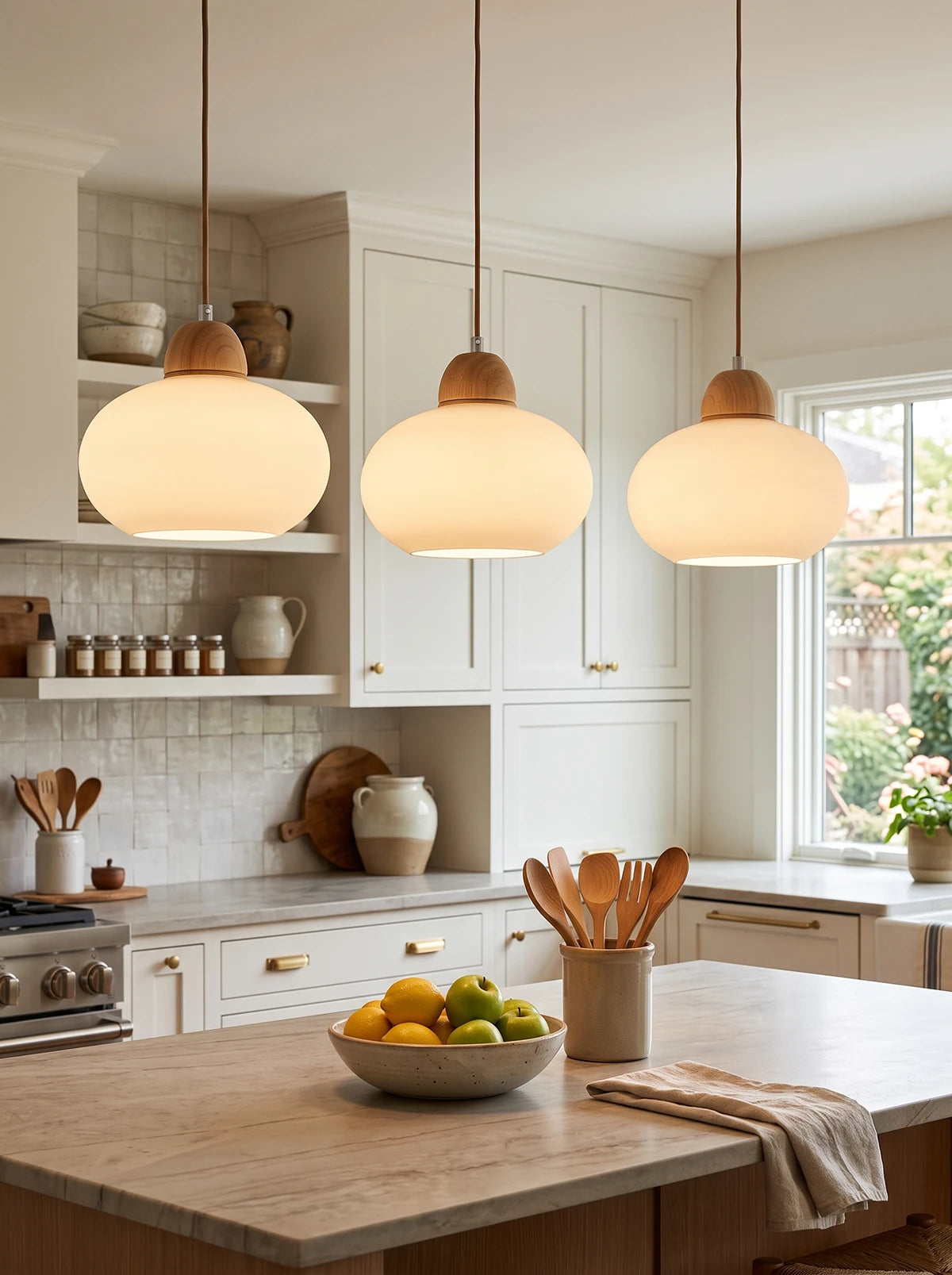 Milk Glass Wood Pendant Light