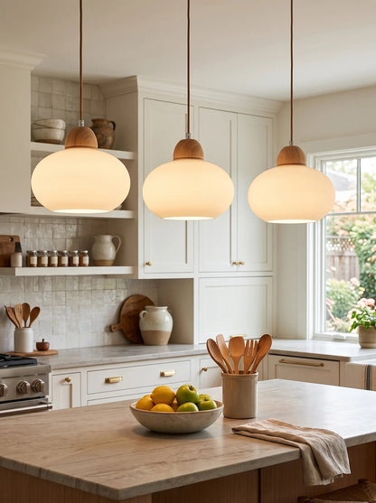 Milk Glass Wood Pendant Light
