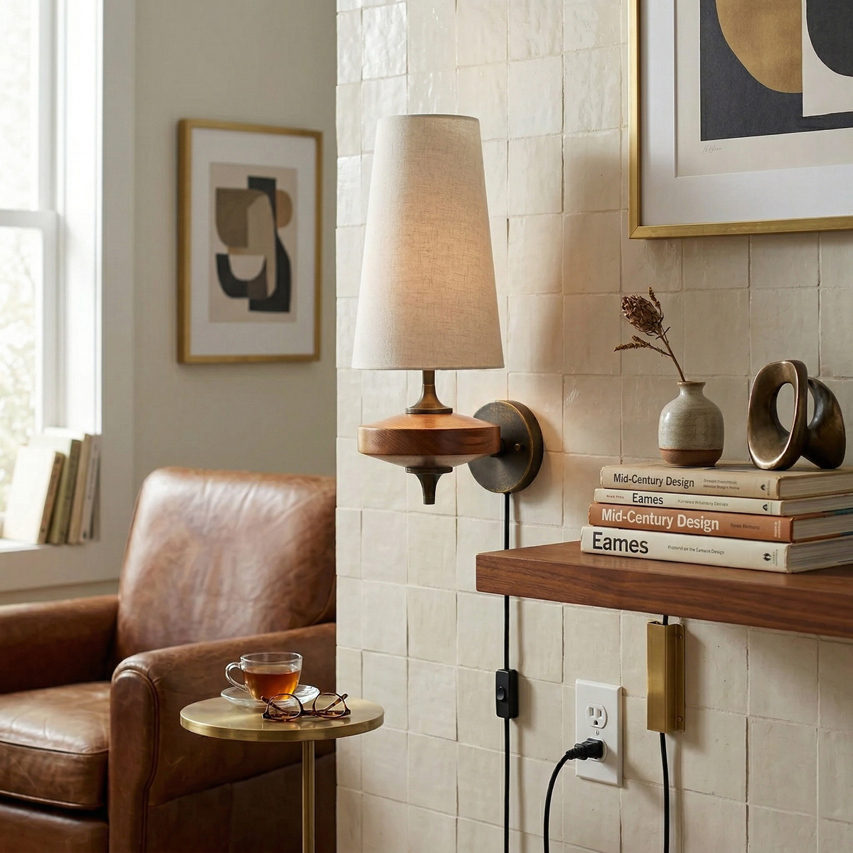 Walnut Brass Plug-In Wall Light