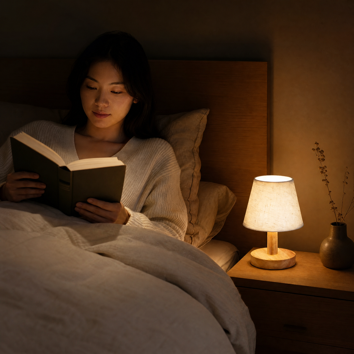Oak Linen Bedside Lamp