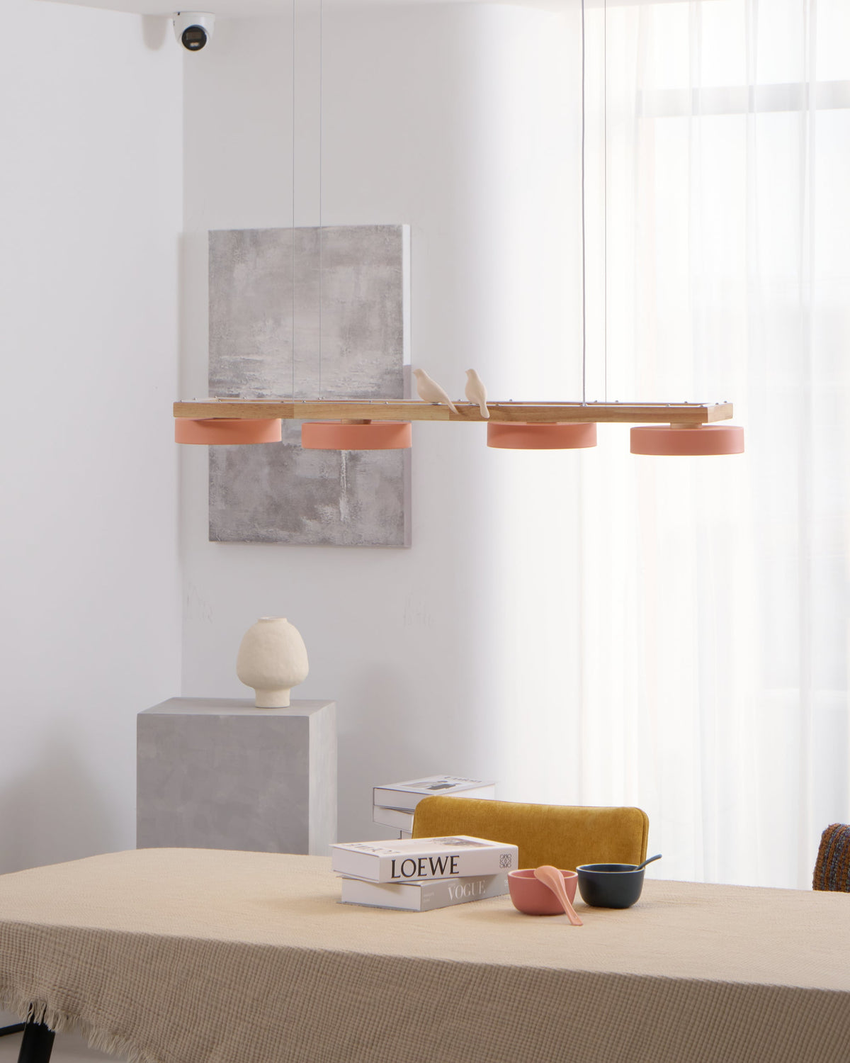 Linear Bird Motif Wood Chandelier