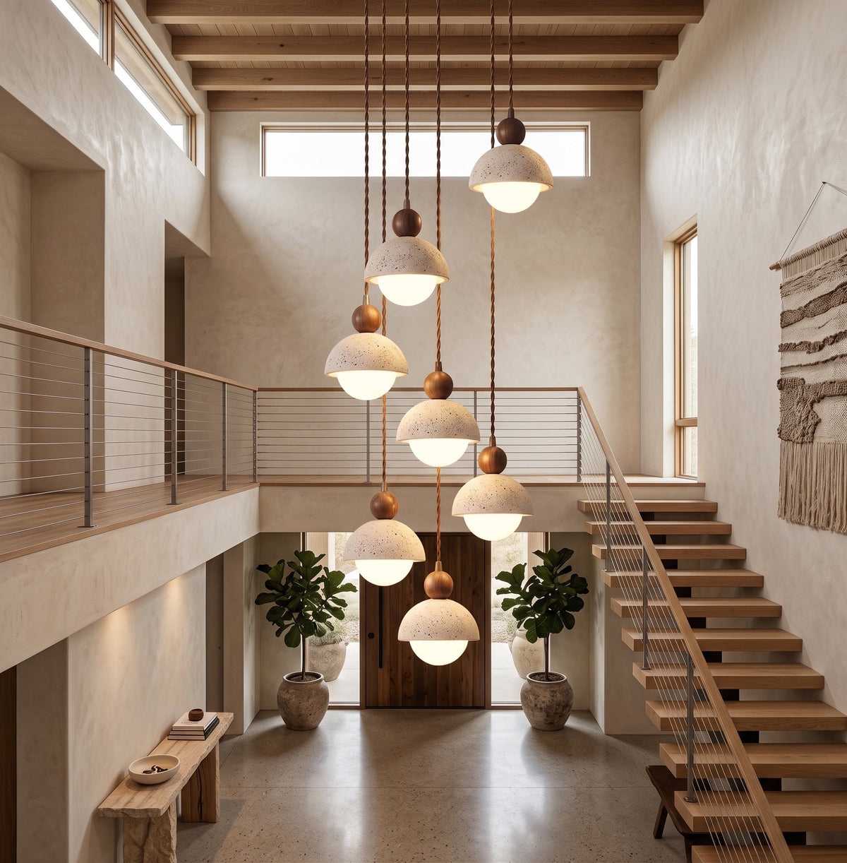 Travertine Dome Wood Pendant Light