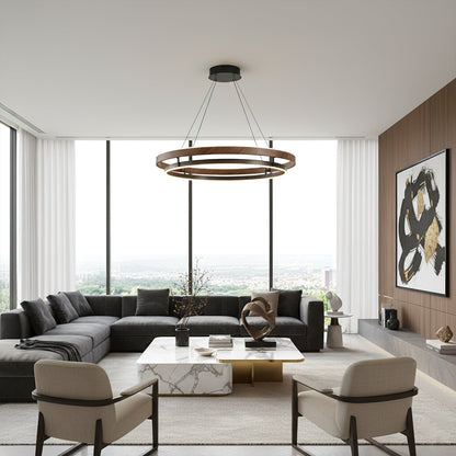 Double Ring Walnut LED Chandelier