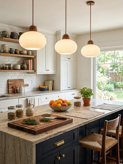 Milk Glass Wood Pendant Light
