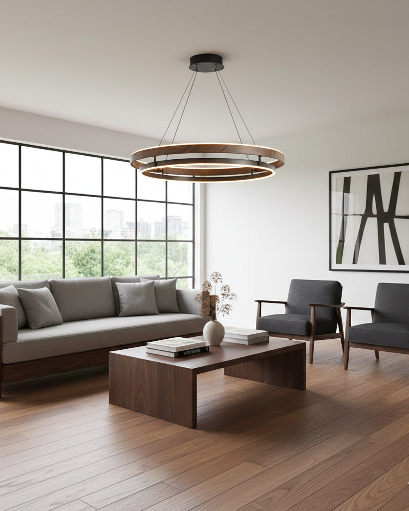 Double Ring Walnut LED Chandelier