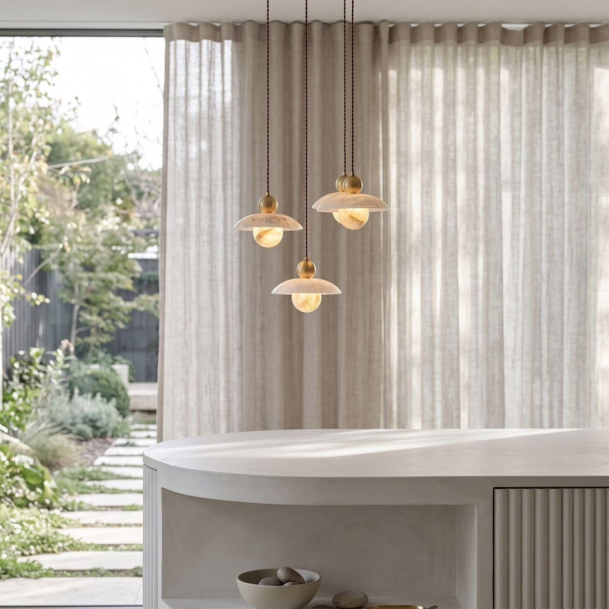 Alabaster Sphere Brass Pendant Light