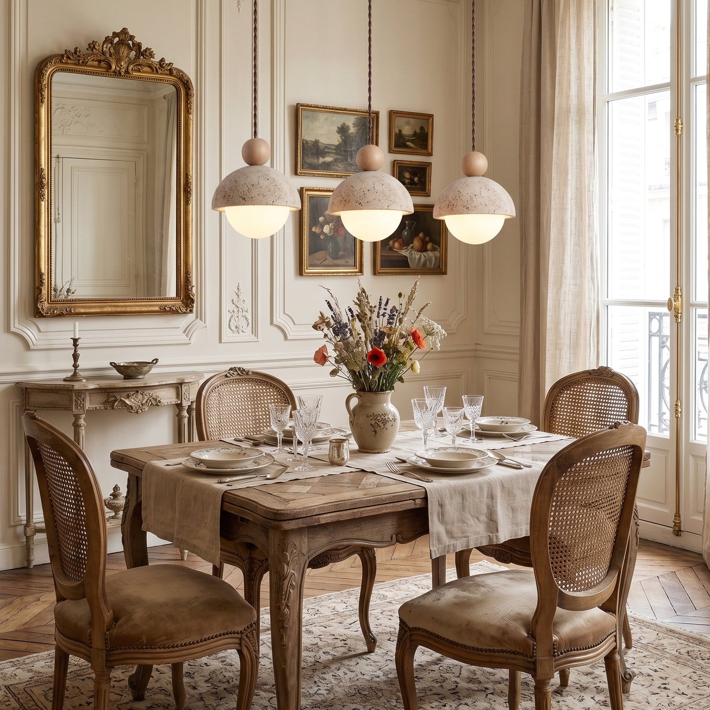 Travertine Dome Wood Pendant Light