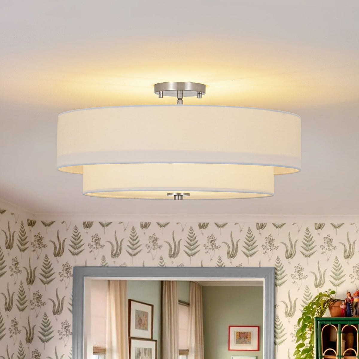 White Linen Drum Semi-Flush Light