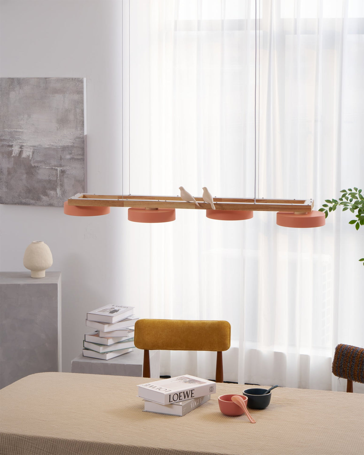 Linear Bird Motif Wood Chandelier