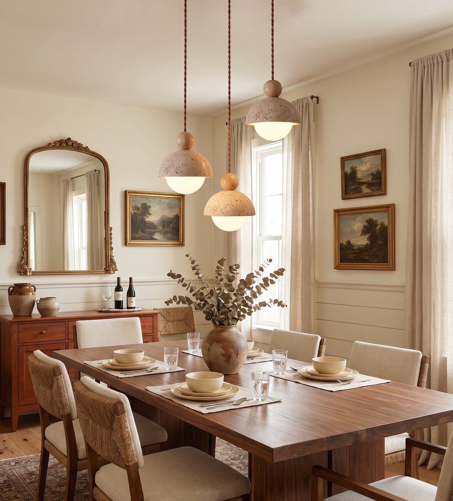 Travertine Dome Wood Pendant Light