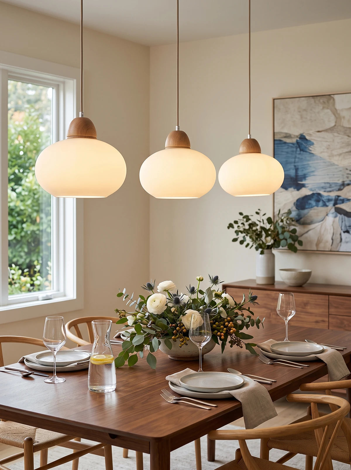 Milk Glass Wood Pendant Light