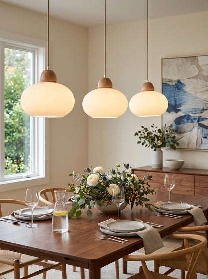 Milk Glass Wood Pendant Light