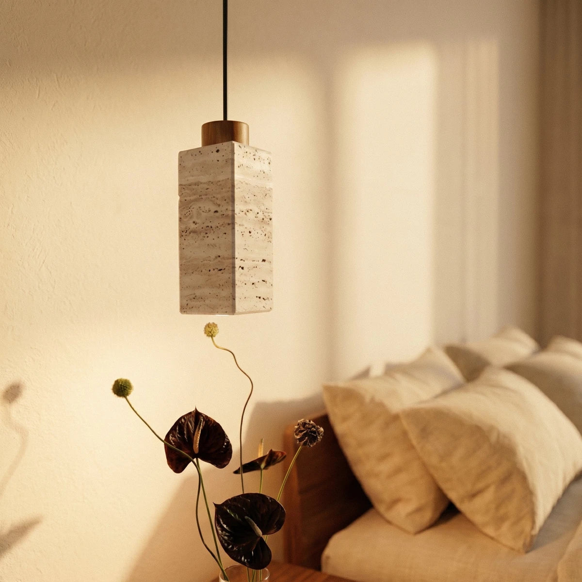 Slim Travertine Wood Pendant Light