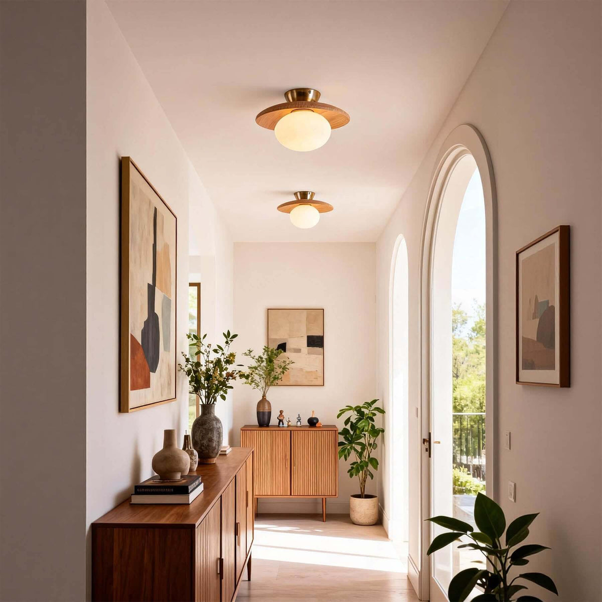 Wood Disc Opal Ceiling Light