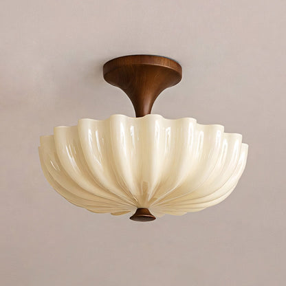 Scalloped Glass Wood Semi-Flush Light