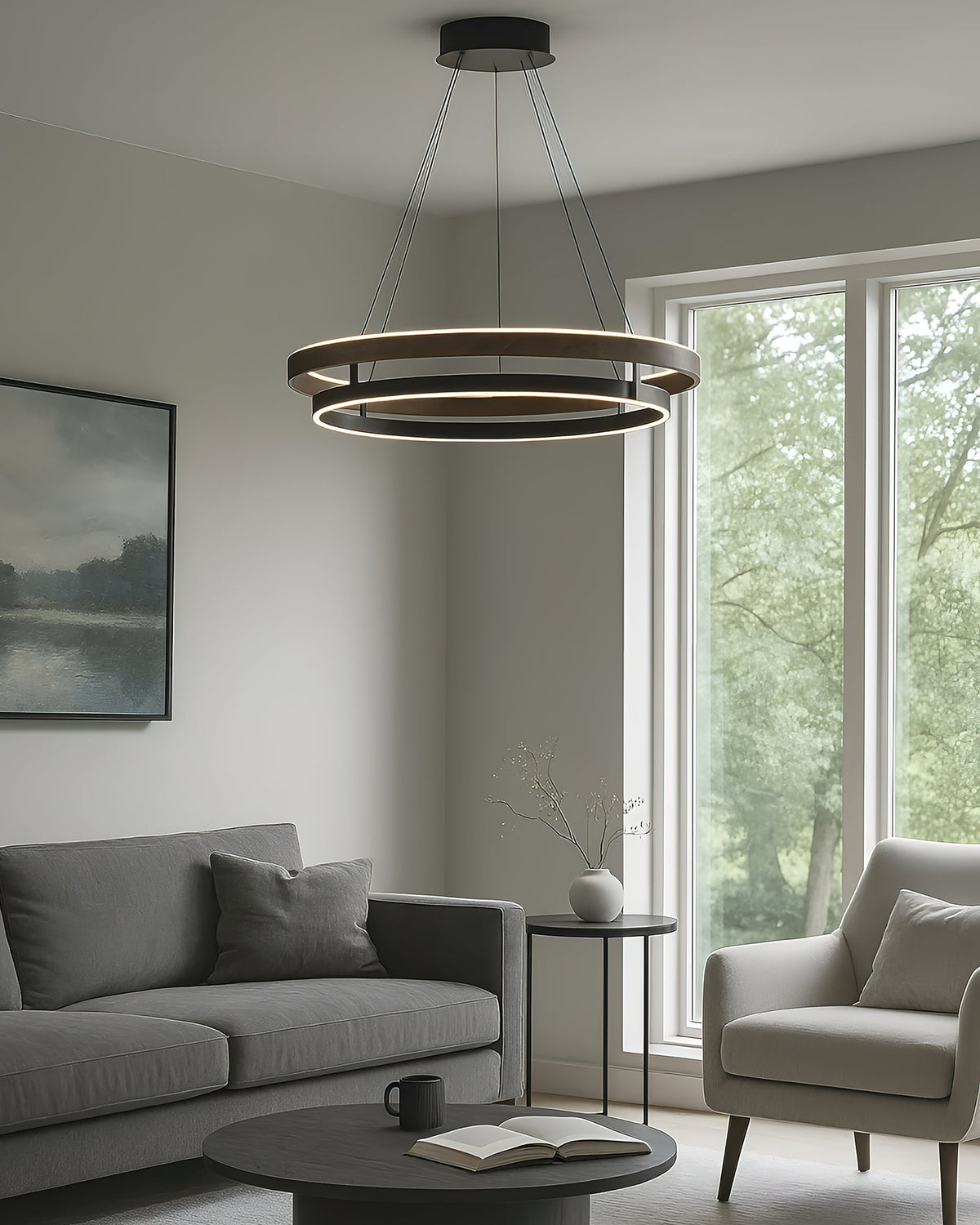 Double Ring Walnut LED Chandelier