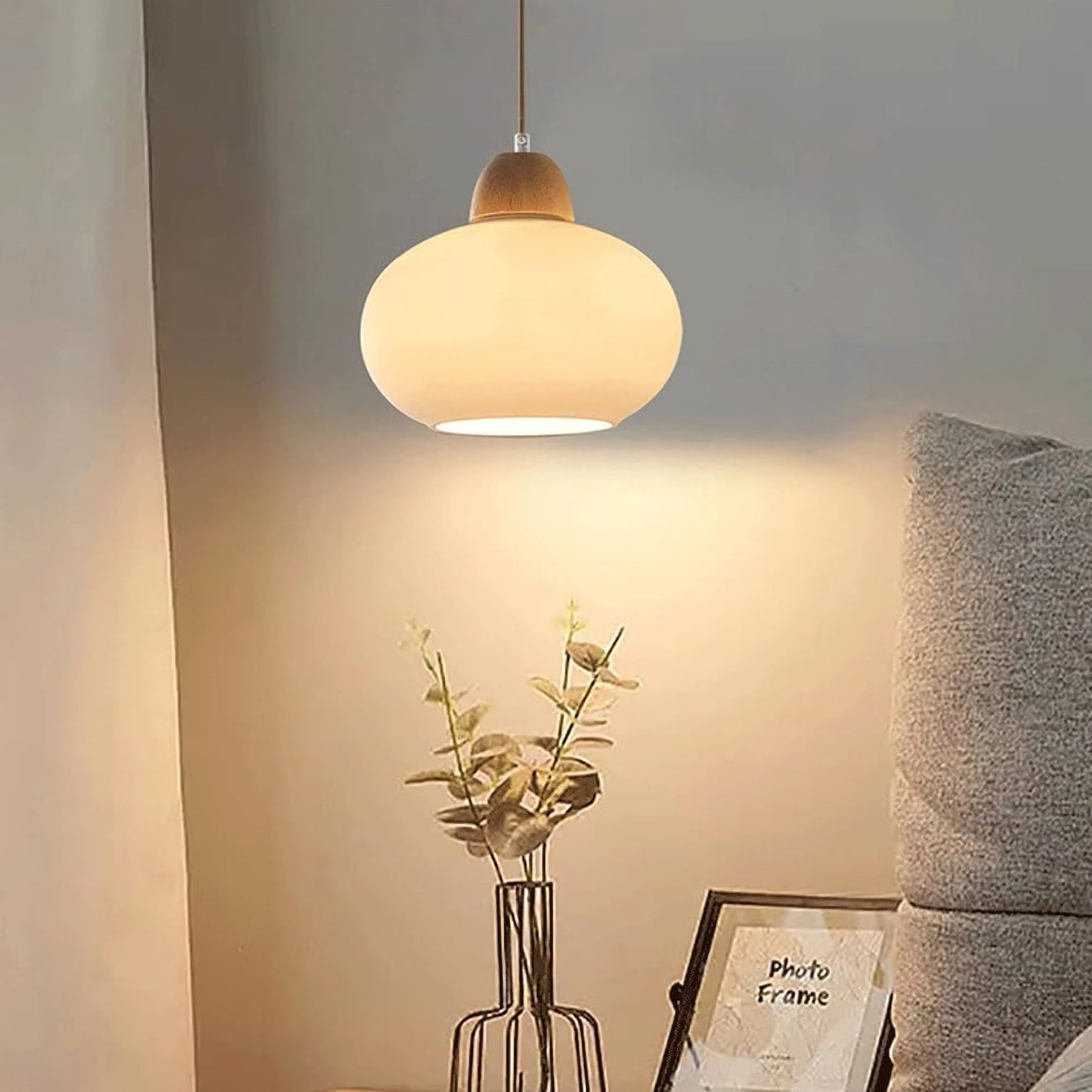 Milk Glass Wood Pendant Light