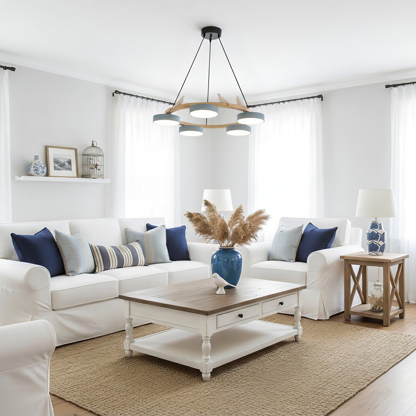 Round Wooden Bird Chandelier