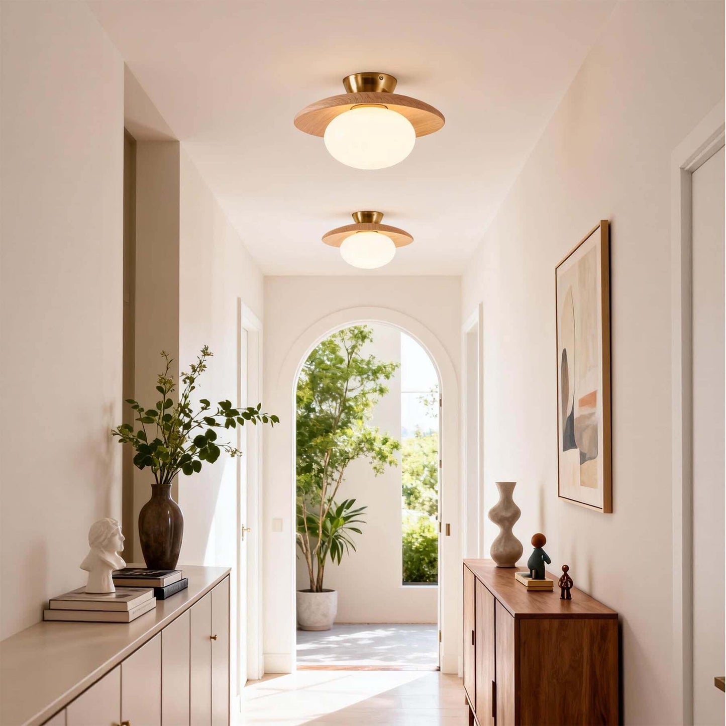 Wood Disc Opal Ceiling Light