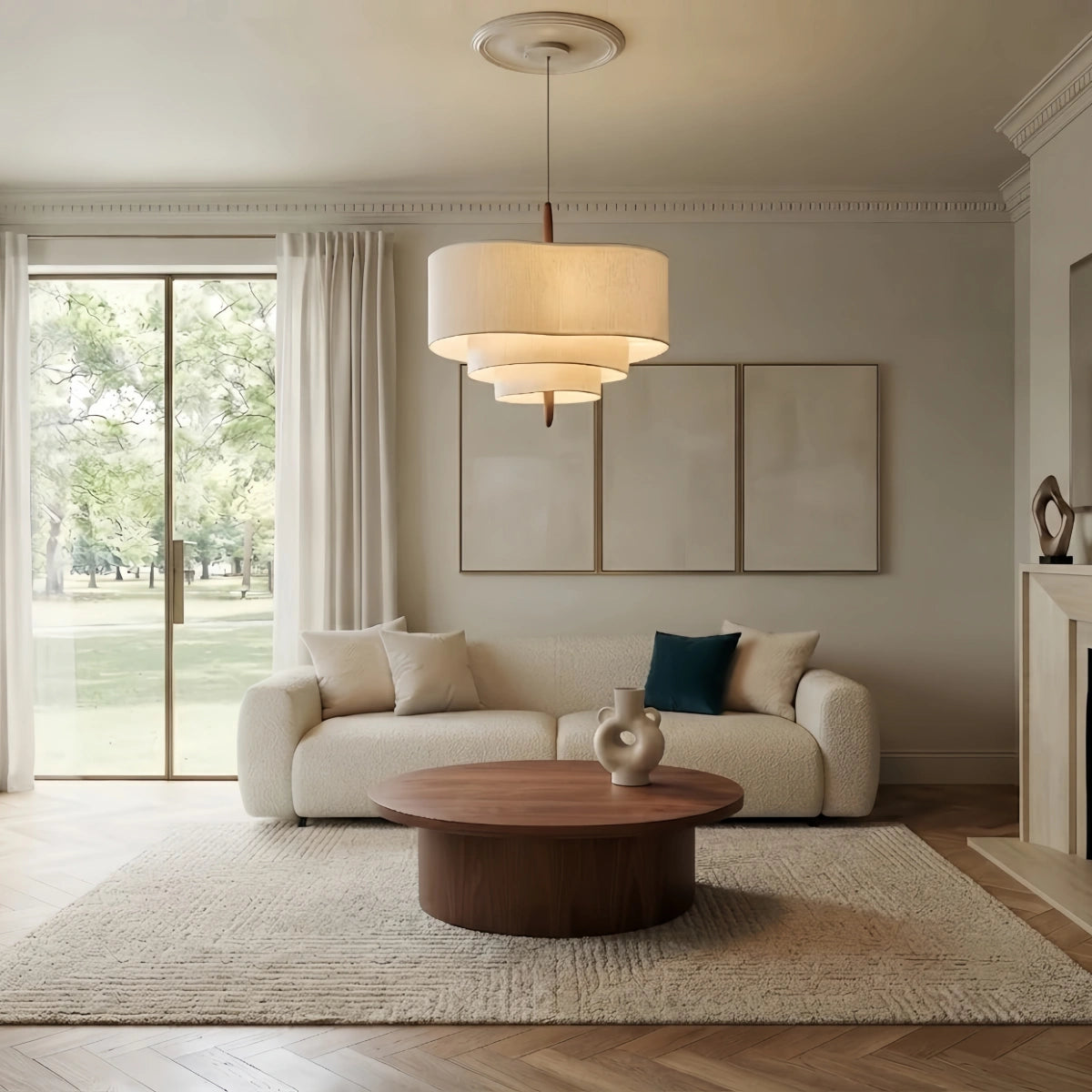 Tiered Fabric Walnut Pendant Light