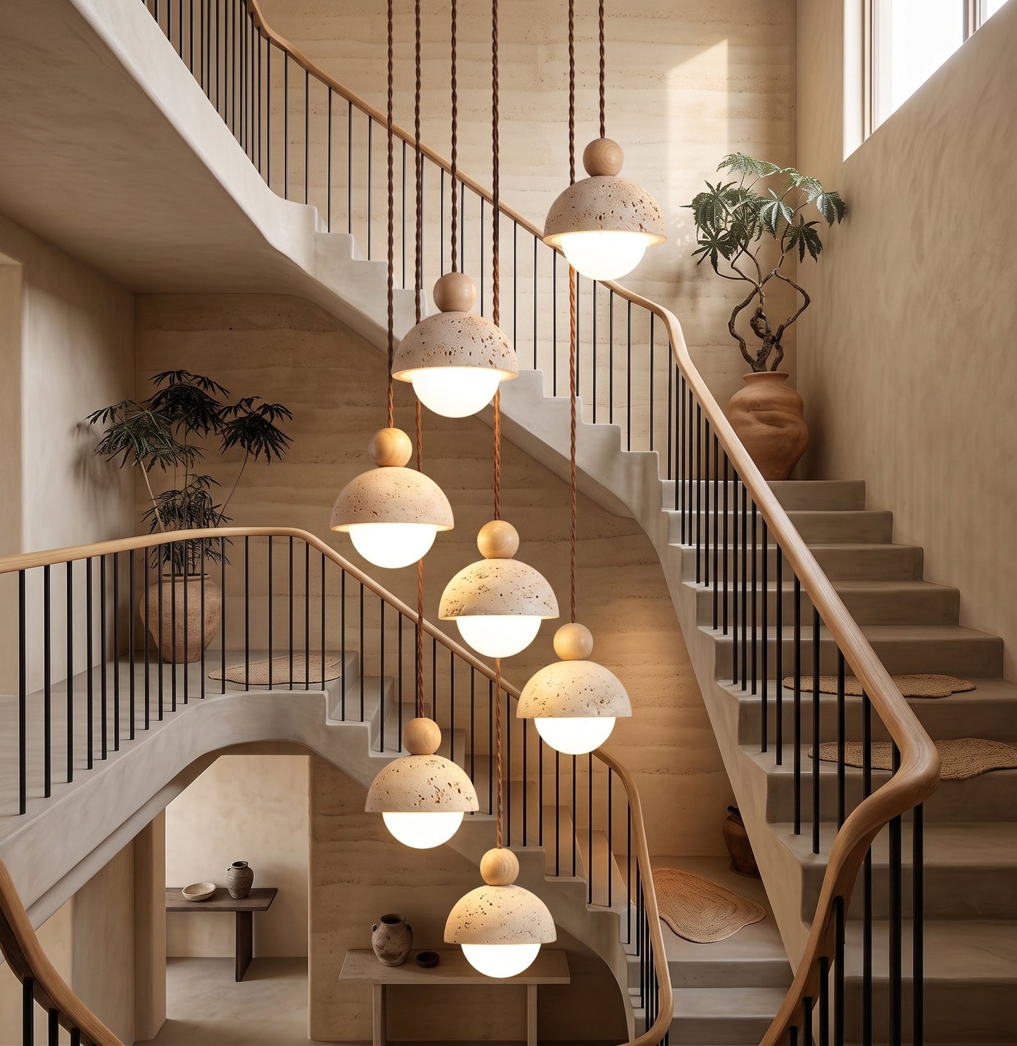 Travertine Dome Wood Pendant Light
